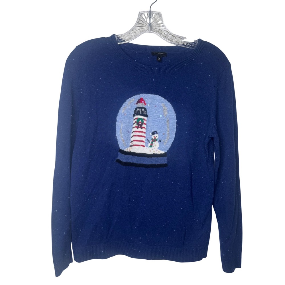 Talbots Petites Navy Blue Lambswool‎ Blend Snow Globe Lighthouse Sweater MP